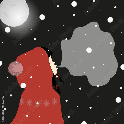 A winter postcard with a little girl with pigtails in a red hoodie with a bubon with steam from her mouth on a background of night sky with moon and falling snow. photo