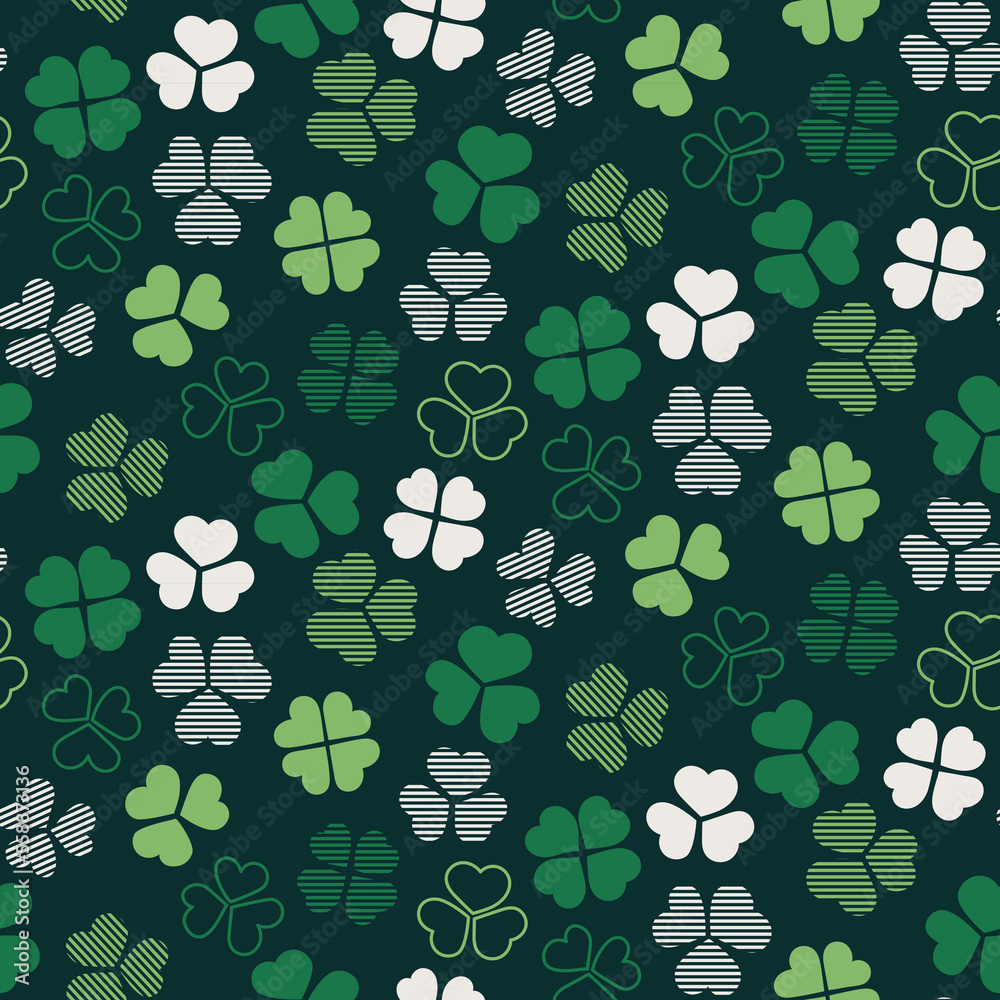 cute lucky Saint St Patrick day seamless pattern in green shamrocks clovers four leaf clovers