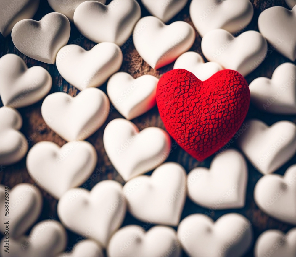 Obraz premium Red festive decorative heart on the background of many white hearts. Generative AI, generative artificial intelligence