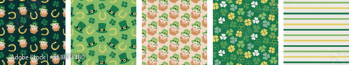 cute lucky Saint St Patrick day seamless pattern set bundle collection, in green shamrocks clovers four leaf clovers. Irish gentleman patterns, hat, horseshoe 