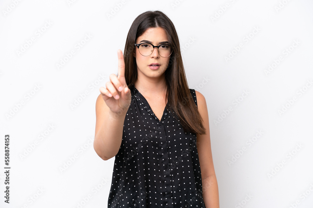 Young Brazilian woman isolated on white background counting one with serious expression