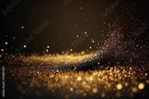 Dark, abstract backdrop with gold glitter, shimmering dust, and bright lighting particles in the blurry background.