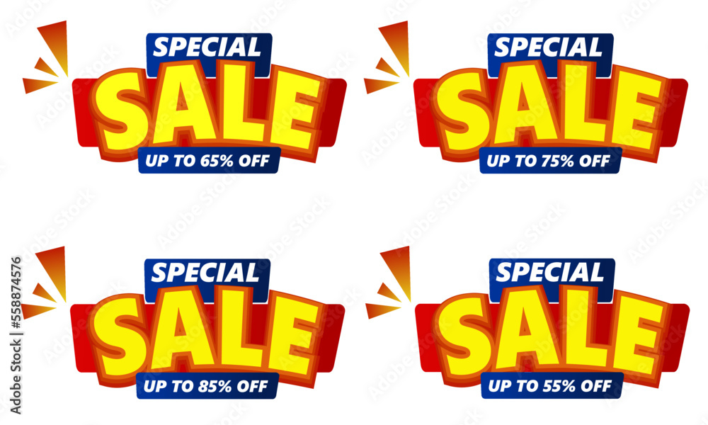 Percent Sale banner template design set, Big sale special offer. 55 65 75 85 percent sale. Vector illustration. Can used for business store event. yellow, blue and red template Percent Sale banner template design set, Big sale special offer. 55 65 75 85 percent sale. Vector illustration. Can used for business store event. yellow, blue and red template