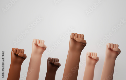 Foto Multiracial people raise their fists for racial community unity.