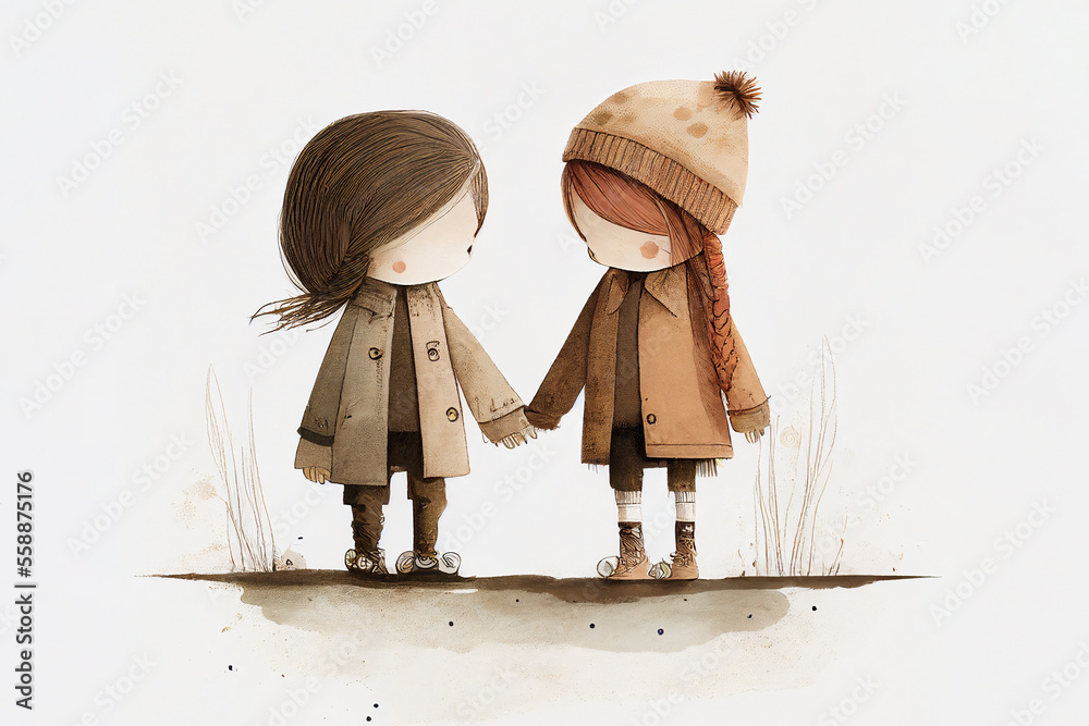 Cute young girls cartoon of a couple holding hands for a gay LGTB or ...