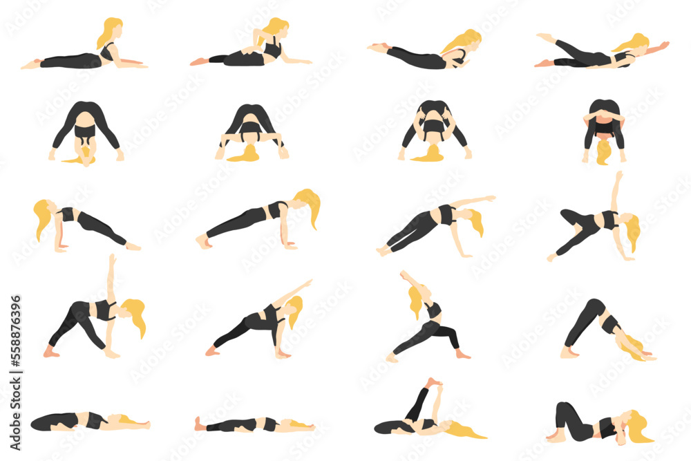 Yoga poses collection. Blonde European female woman girl. Vector illustration in cartoon flat style isolated on white background.