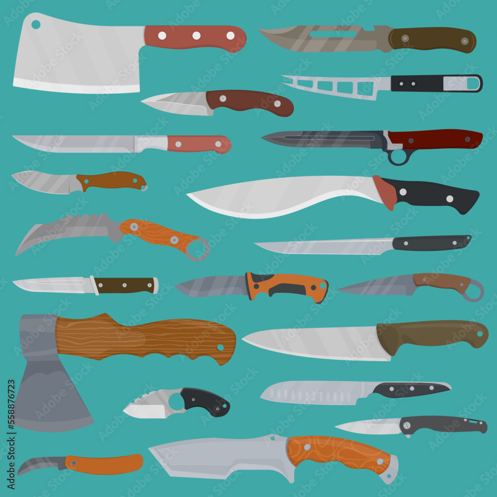 Set of Knifes vector illustration. Aggressive survivor tool. Kitchen tool. Cooking equipment.