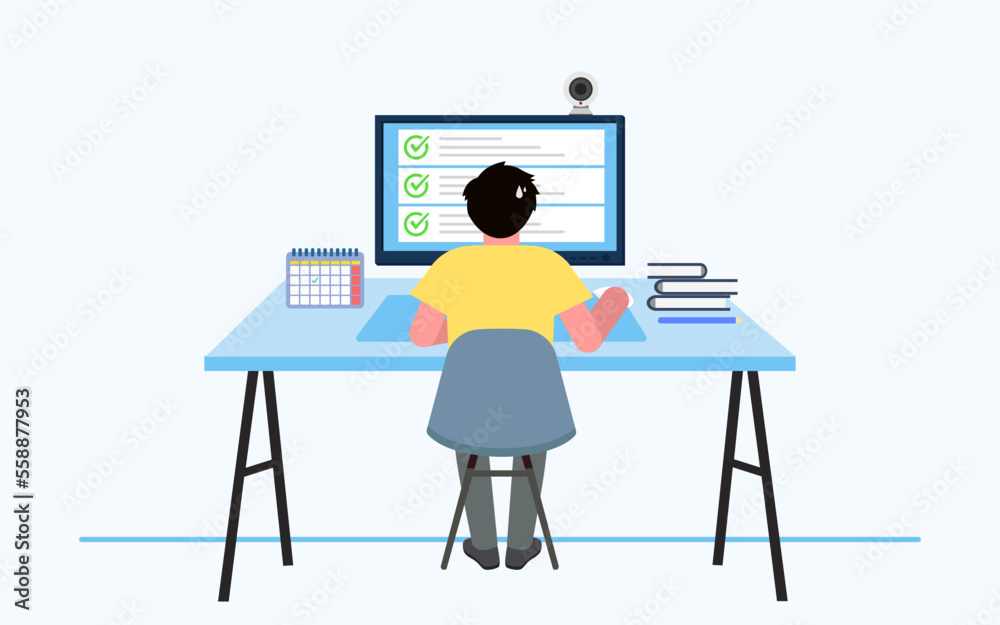 A man taking online college exam at home. e- learning and education concept