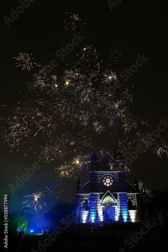 fireworks in front of a church