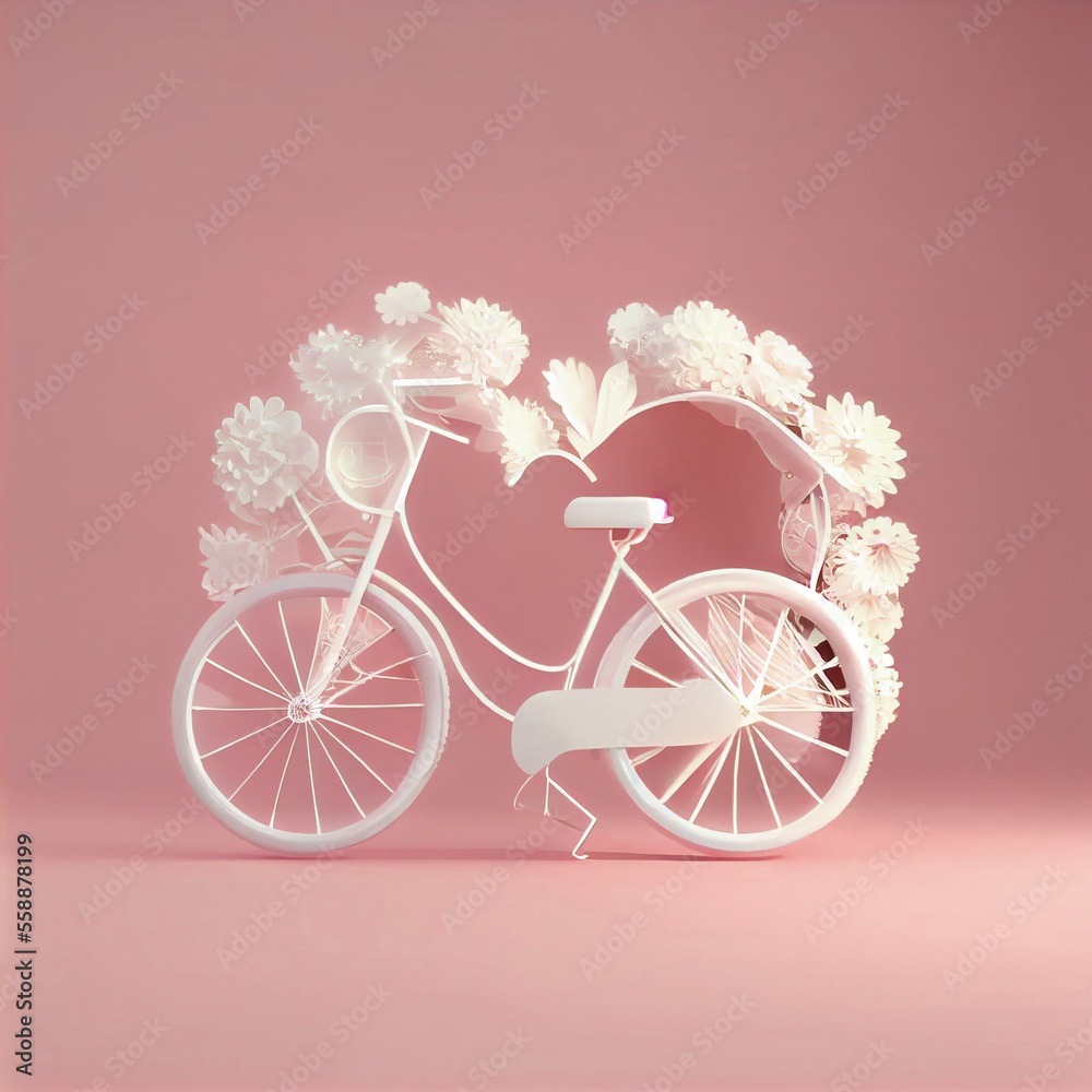 A white bicycle with spinning wheels in the form of hearts 3D render illustration Valentines day, Mothers day, Anniversary, Wedding romance Pink background l Space for text bellow Vintage