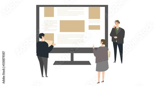 PCを見ながらブレインストーミングをするビジネスマンたちのアニメーション