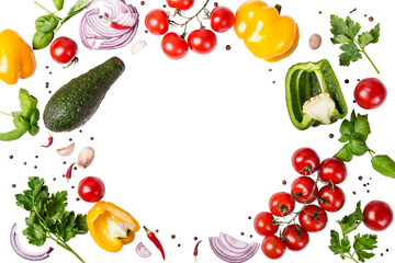 Fresh variety vegetables, spices and herbs frame. Place for text or recipe,  transparent background