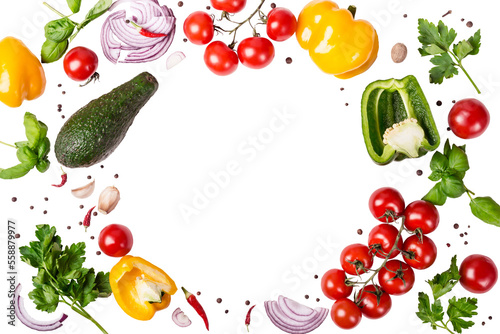 Fresh variety vegetables, spices and herbs frame. Place for text or recipe, transparent background