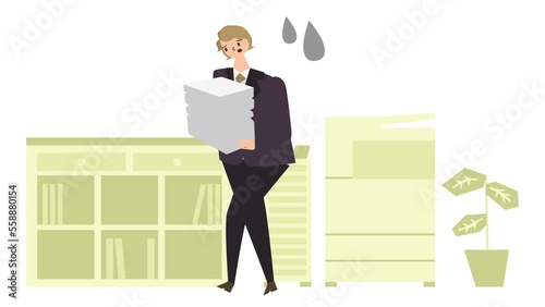 コピーした資料を運ぶビジネスマンのアニメーション