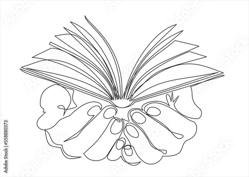 Continuous one line drawing of a hands holding open book flying pages. Human hands holding a book. Vector minimalism design isolated on white background