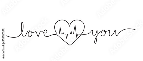 Continuous one line drawing heart pulse with inscription"love"  logo icon,tattoo