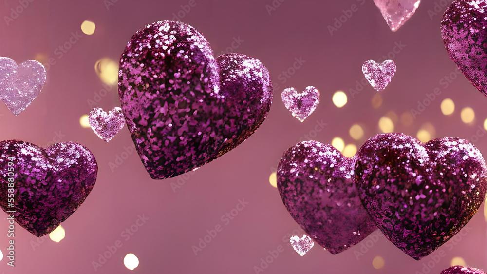 Beautiful Valentine's day concept wallpaper with pink and purple glitter hearts floating, love background with purple hearts and golden orbs pink bokeh background. Beautiful Valentine's day concept wallpaper with pink and purple glitter hearts floating, love background with purple hearts and golden orbs pink bokeh background.