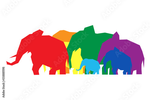 Colorful abstract silhouettes of elephants of different sizes isolated on white background. Rainbow concept. Vector illustration in cartoon stile.