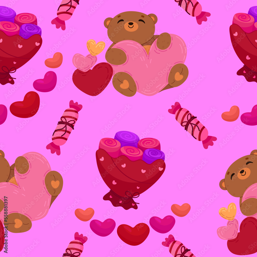 Vector romantic seamless pattern with hearts, cute bears and flowers on a pink background. Ideal for wrapping paper, decor, textiles. Vector romantic seamless pattern with hearts, cute bears and flowers on a pink background. Ideal for wrapping paper, decor, textiles.