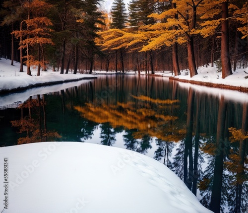 beautiful landscape with river and snow
