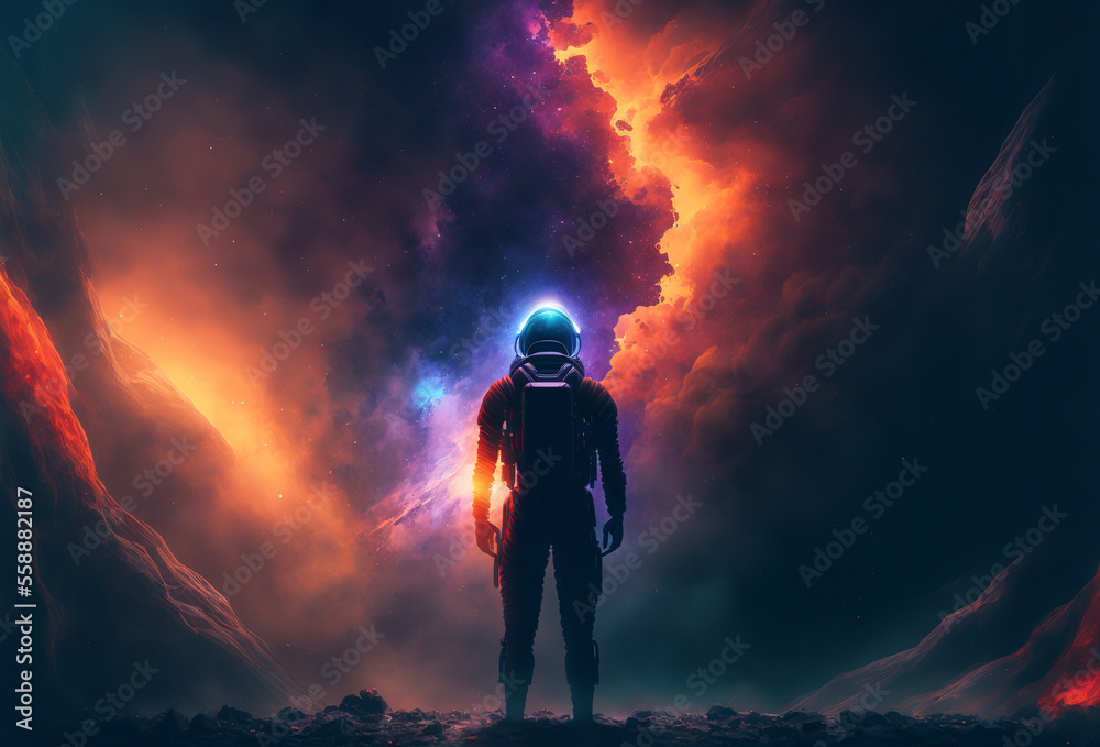 Silhouette of a futuristic astronaut looking out into outer space. Generative ai