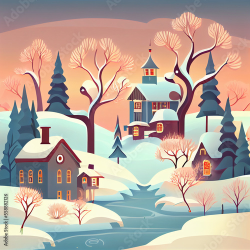 Winter landscape. The village in the forest in Flat design. AI generated