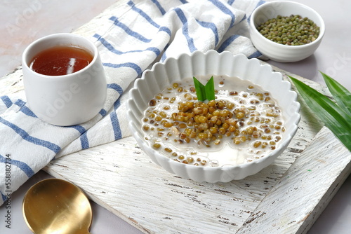 Indonesian traditional dessert.Bubur kacang ijo or Mungbean Porridge,serven in a bowl with coconut milk. photo