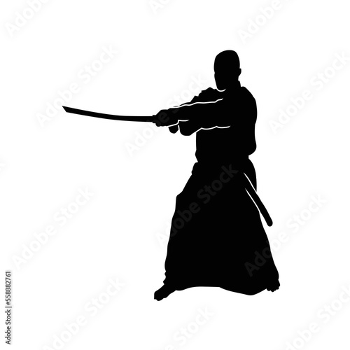 Kendo fighters hold katana in traditional clothes silhouette. Samurai illustration on white.