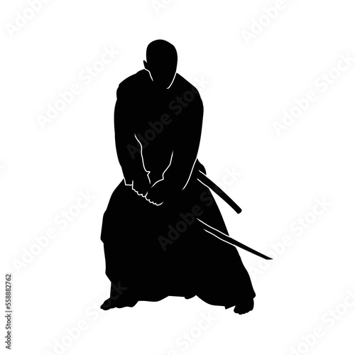 Kendo fighters hold katana in traditional clothes silhouette. Samurai illustration on white.