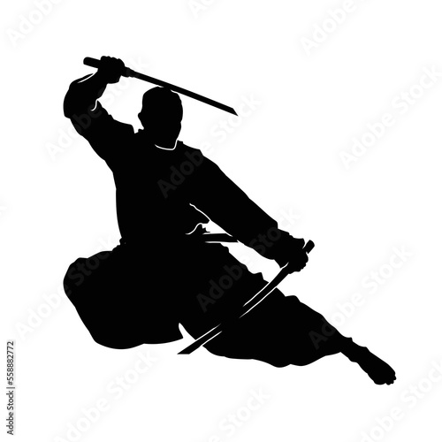 Kendo fighters hold katana in traditional clothes silhouette. Samurai illustration on white.