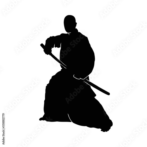 Kendo fighters hold katana in traditional clothes silhouette. Samurai illustration on white. photo