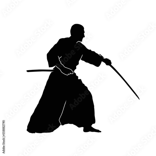 Kendo fighters hold katana in traditional clothes silhouette. Samurai illustration on white.