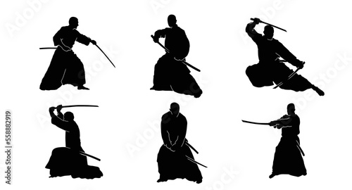 Set kendo fighters hold katana in traditional clothes silhouette. Samurai illustration on white.