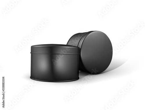 Low black metal can, turned lid to the front, 3d rendering