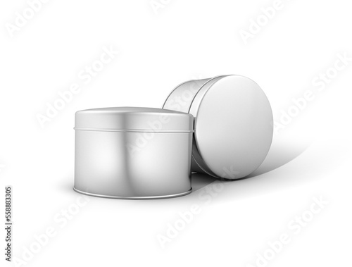 Low tin metal can, turned lid in front, 3d rendering
