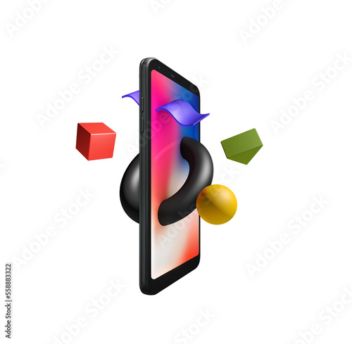 Geometric shapes passing through the phone screen on a white background