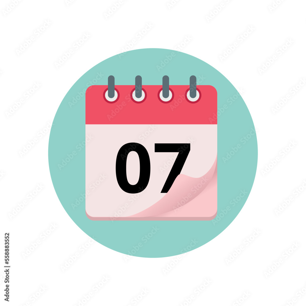 Calendar icon with bent edge effect, diary marking day 07. Calendar icon with bent edge effect, diary marking day 07.