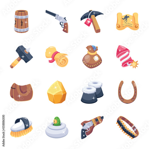 Set of Cowboy Objects 2D Icons 

