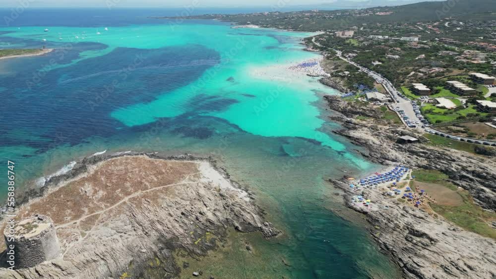 La Pelosa island, tower and white sandy beach in Sardinia, Italy - 4k Aerial Tilt Down La Pelosa island, tower and white sandy beach in Sardinia, Italy - 4k Aerial Tilt Down