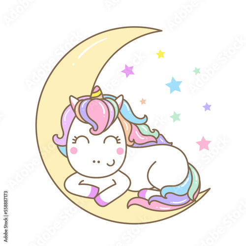 A cute kawaii cute rainbow unicorn is sleeping on the moon. Isolated image on a white background. For children's design of prints, posters, cards, stickers, badges and so on. Vector