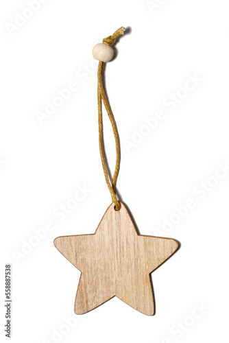 wooden star on a string isolated on white background.christmas decoration