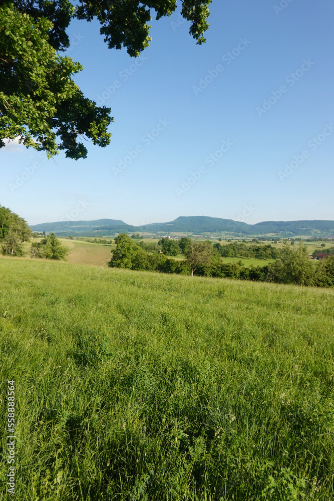 Countryside landscape in Jebenhausen village Baden-Wurttemberg, Germany. The view to Fuchseck mountain.