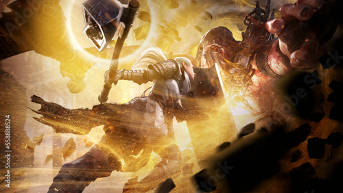 Photos A brave paladin girl in a decisive jerk with a magic shield dents a huge creepy ogre into a stone wall, pushing it away with holy magic, destroying everything around into stone dust