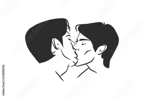 Fototapeta Naklejka Na Ścianę i Meble -  Hand drawn vector abstract graphic illustration Valentines day cards template,gay lgbt kissing couple portrait set in heart silhouette.Love couple kissing together.Valentines beautiful design concept.