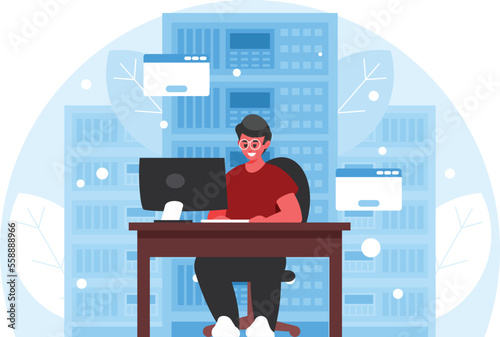 The system administrator works at his workplace against the background of server racks. Data science concept. Programmer working at PC. Vector graphics