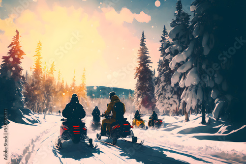 Illustration of a snowmobile tour through the forest, Generative AI