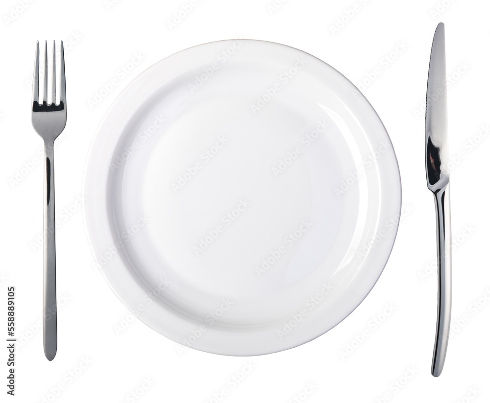 plate and cutlery on transparent background. png file - obrazy, fototapety, plakaty 