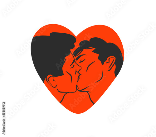 Hand drawn vector abstract graphic illustration Valentines day cards template,gay lgbt kissing couple portrait set in heart silhouette.Love couple kissing together.Valentines beautiful design concept.