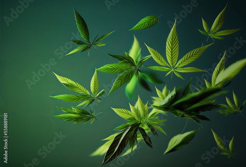 Cannabis marijuana leaves falling on a green background. Generative ai