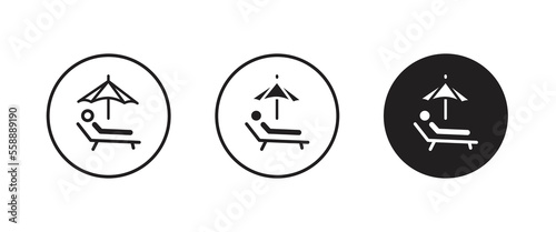 Summer relax sunbathing, Sunbed icon. Resort, beach, chair, furniture, lounger, parasol, relaxation, sea, umbrella Parasol lounger, sun